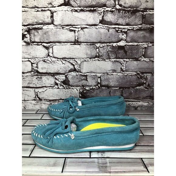 Minnetonka Kilty Turquoise Suede Leather Moccasins Driving Shoes Women Sz 7.5M - Picture 1 of 16